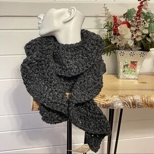 Hand Crafted Crochet Knit Chunky Ruffle Scarf Marbled Charcoal Grey Fall Winter